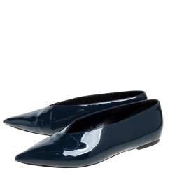 Pre Owned Celine Teal Blue Patent Leather V Neck Ballet Flats Size 37.5
