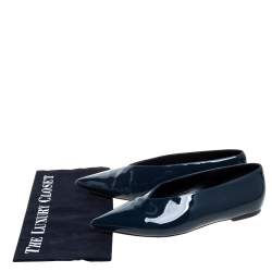 Pre Owned Celine Teal Blue Patent Leather V Neck Ballet Flats Size 37.5