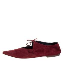 Pre Owned Celine Burgundy Suede V Neck Tie Up Flats Size 37.5