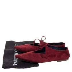 Pre Owned Celine Burgundy Suede V Neck Tie Up Flats Size 37.5
