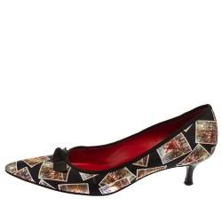 Pre Owned  Celine Black Satin Postcard Print Kitten Heel Pumps Size 37.5