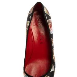 Pre Owned  Celine Black Satin Postcard Print Kitten Heel Pumps Size 37.5