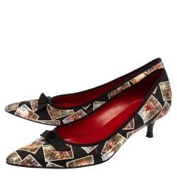 Pre Owned  Celine Black Satin Postcard Print Kitten Heel Pumps Size 37.5