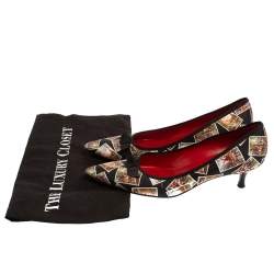 Pre Owned  Celine Black Satin Postcard Print Kitten Heel Pumps Size 37.5