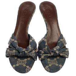 Celine Denim Fabric Knot Open Toe Slide Sandals Size 37.5