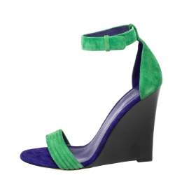 Pre Owned Cèline Gree/Blue Suede Ankle Strap Wedge Sandals Size 40