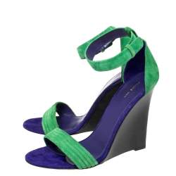 Pre Owned Cèline Gree/Blue Suede Ankle Strap Wedge Sandals Size 40