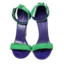 Pre Owned Cèline Gree/Blue Suede Ankle Strap Wedge Sandals Size 40