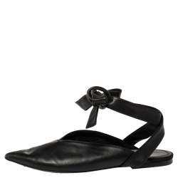 Pre Owned Celine Black Leather V Neck Pointed Ankle Wrap Mules Size 39