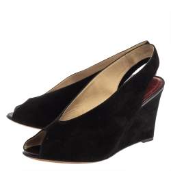 Pre Owned Celine Black Suede Wedge Slingback Sandals Size 40.5