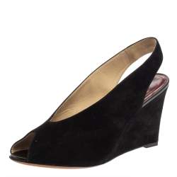 Pre Owned Celine Black Suede Wedge Slingback Sandals Size 40.5