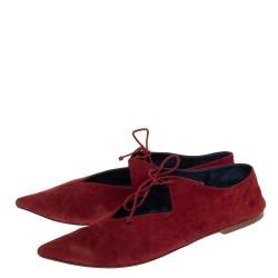 Pre Owned Céline Burgundy Suede V Lace Up Flats Size 41