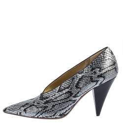 Celine Two Tone Python Embossed Leather V Neck Pumps Size 40