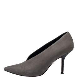 Pre Owned Celine Grey Leather V-Neck Pumps Size 35
