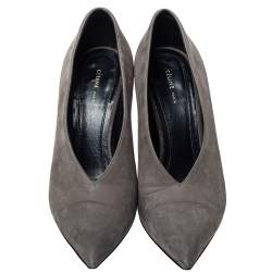 Pre Owned Celine Grey Leather V-Neck Pumps Size 35