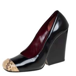 Pre Owned Celine Black Leather and Python Cap Toe Pumps Size 37