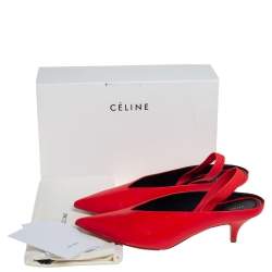 Pre Owned Celine Red Leather V Neck Slingback Sandals Size 38.5