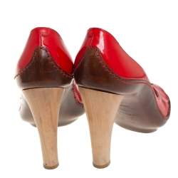 Celine Red/Brown Leather and Patent Leather Pick Toe Pumps Size 39