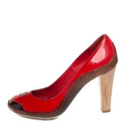 Celine Red/Brown Leather and Patent Leather Pick Toe Pumps Size 39