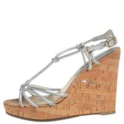 Pre Owned Céline Silver Leather T-Strap Wedge Platform Ankle Strap Sandals Size 39
