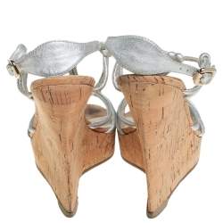 Pre Owned Céline Silver Leather T-Strap Wedge Platform Ankle Strap Sandals Size 39