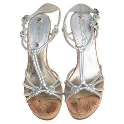 Pre Owned Céline Silver Leather T-Strap Wedge Platform Ankle Strap Sandals Size 39