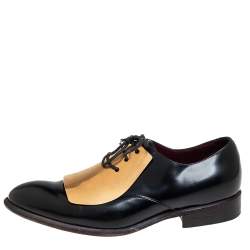 Pre Owned Celine Black Leather Gold Metal Plate Lace Up Derby Size 37.5