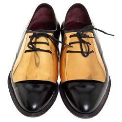 Pre Owned Celine Black Leather Gold Metal Plate Lace Up Derby Size 37.5