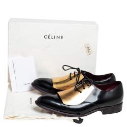 Pre Owned Celine Black Leather Gold Metal Plate Lace Up Derby Size 37.5
