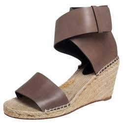 Pre Owned Celine Brown Leather Espadrille Wedge Platform Ankle Cuff Sandals Size 41
