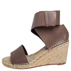 Pre Owned Celine Brown Leather Espadrille Wedge Platform Ankle Cuff Sandals Size 41