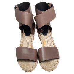 Pre Owned Celine Brown Leather Espadrille Wedge Platform Ankle Cuff Sandals Size 41