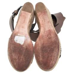 Pre Owned Celine Brown Leather Espadrille Wedge Platform Ankle Cuff Sandals Size 41