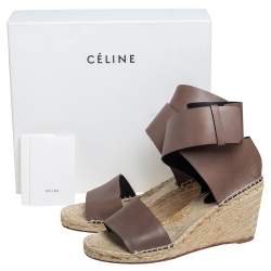 Pre Owned Celine Brown Leather Espadrille Wedge Platform Ankle Cuff Sandals Size 41
