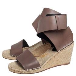 Pre Owned Celine Brown Leather Espadrille Wedge Platform Ankle Cuff Sandals Size 41
