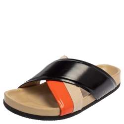 Pre Owned Celine Multicolor Leather Cross Strap Flat Slide Sandals Size 38