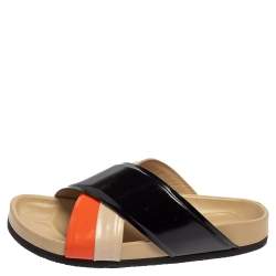 Pre Owned Celine Multicolor Leather Cross Strap Flat Slide Sandals Size 38