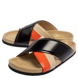 Pre Owned Celine Multicolor Leather Cross Strap Flat Slide Sandals Size 38