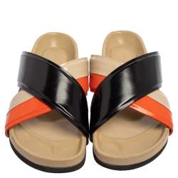 Pre Owned Celine Multicolor Leather Cross Strap Flat Slide Sandals Size 38