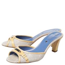 Pre Owned Celine Off White/Yellow Macadam Canvas And Leather Trim Slide Sandals Size 38