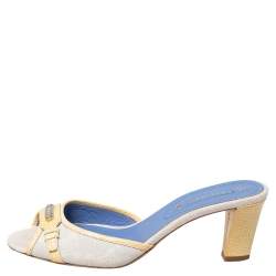 Pre Owned Celine Off White/Yellow Macadam Canvas And Leather Trim Slide Sandals Size 38