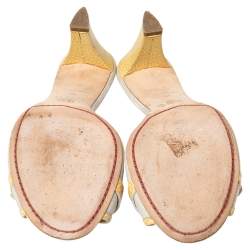 Pre Owned Celine Off White/Yellow Macadam Canvas And Leather Trim Slide Sandals Size 38