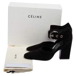 Pre Owned Celine Black Suede Mary Jane Block Heel Pumps Size 39.5