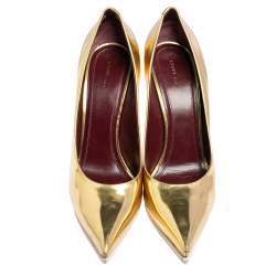 Pre Owned Celine Gold/White Patent Leather Pointed Toe Wedge Pumps Size 41