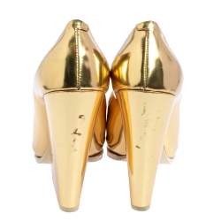 Pre Owned Celine Gold/White Patent Leather Pointed Toe Wedge Pumps Size 41