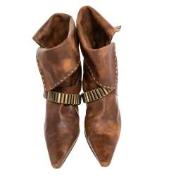 Pre Owned Celine Brown Leather Cross Strap Buckle Pointed Toe Ankle Length Boots Size 36.5