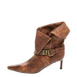 Pre Owned Celine Brown Leather Cross Strap Buckle Pointed Toe Ankle Length Boots Size 36.5