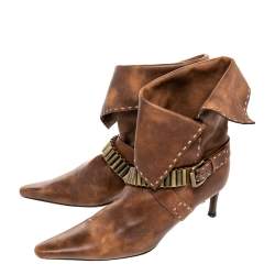 Pre Owned Celine Brown Leather Cross Strap Buckle Pointed Toe Ankle Length Boots Size 36.5