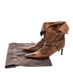 Pre Owned Celine Brown Leather Cross Strap Buckle Pointed Toe Ankle Length Boots Size 36.5