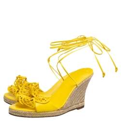 Pre Owned Celine Yellow Leather Cutout Flower Ankle Tie Wedge Espadrille Sandals Size 38